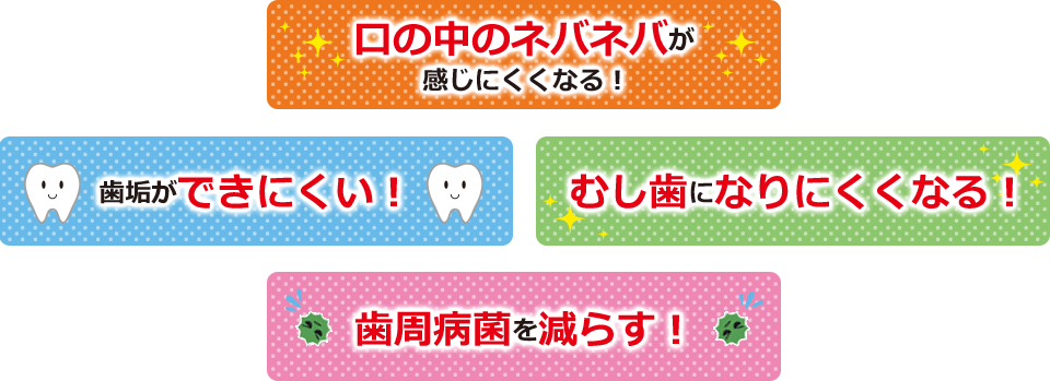 口の中のネバネバが感じにくくなる！歯垢ができにくい！むし歯になりにくくなる！歯周病菌を減らす！